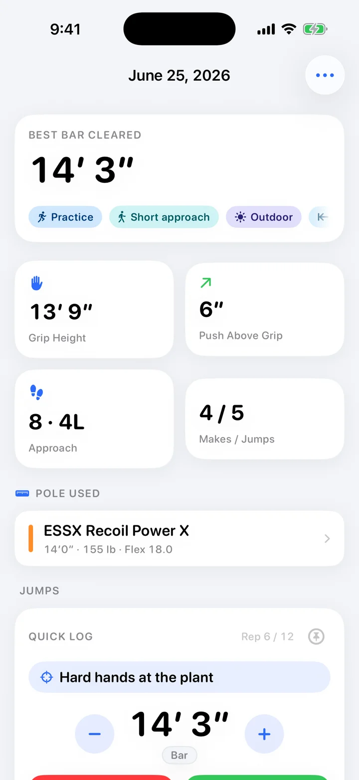 Session detail with the Quick Log rep logger: bar height, make and miss buttons, and the jump list